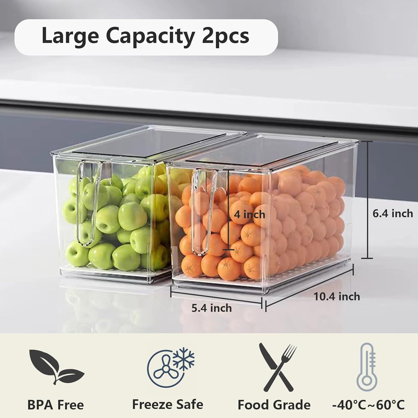 2 Pack Fruit Containers for Fridge, Stackable Ice Container for Freezer with Handles, Clear Pantry Organization and Storage, Kitchen Organization for Food Vegetable Salad with Lids