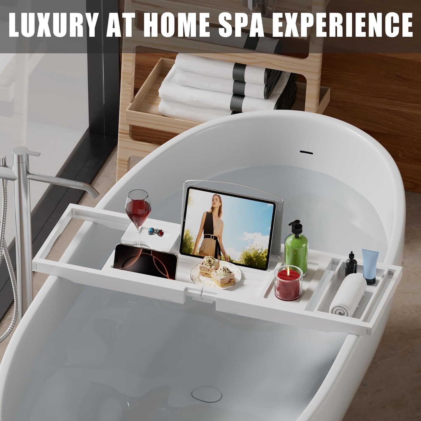 Foldable Bathtub Caddy Tray for Tub,Bamboo Expandable Bath Table Trays,Premium Bathroom Accessories for New Home & Mothers Day & Birthday Gifts for Couples,White