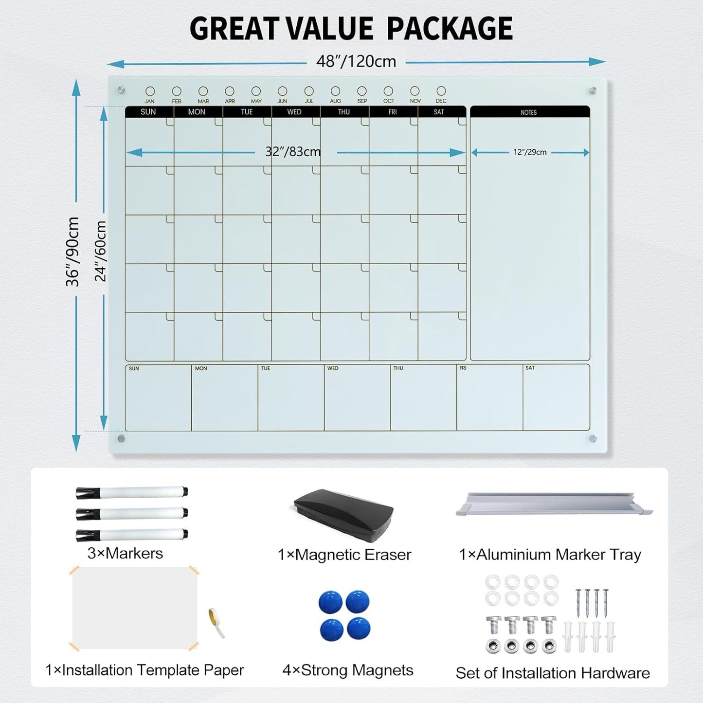 Magnetic Glass Whiteboard Calendar 48"x36" Glass Dry Erase Calender Board 36"x48" Monthly Plan White GlassBoard Wall Mounted for Office School Home (White)