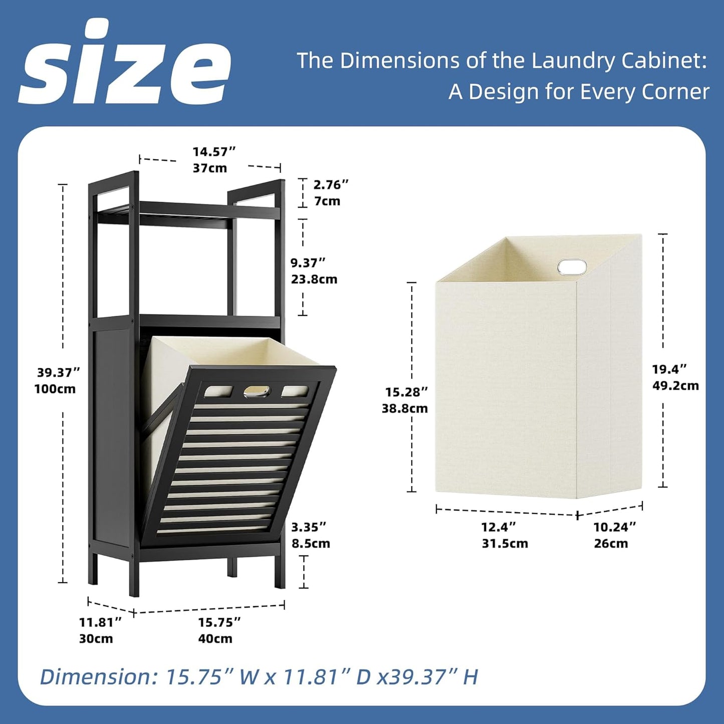 HITNET Tilt Out Laundry Hamper, Bamboo Bathroom Cabinet with Pull Out Removable Bag and 2 Tier Storage Shelves, 8.5 Gallon Clothes Basket with Metal Handle, Black