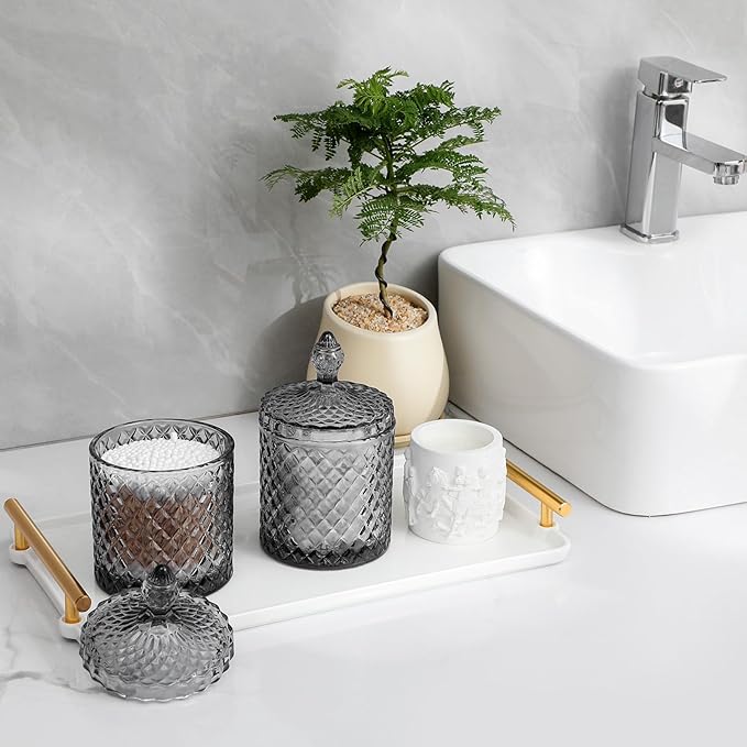 rejomiik Qtip Holder Glass Apothecary Jars with Lid for Bathroom Canisters Dispenser Decor, Storage Organizer for Cotton Swabs, Balls, Pads, Floss Picks, Candy, Grey