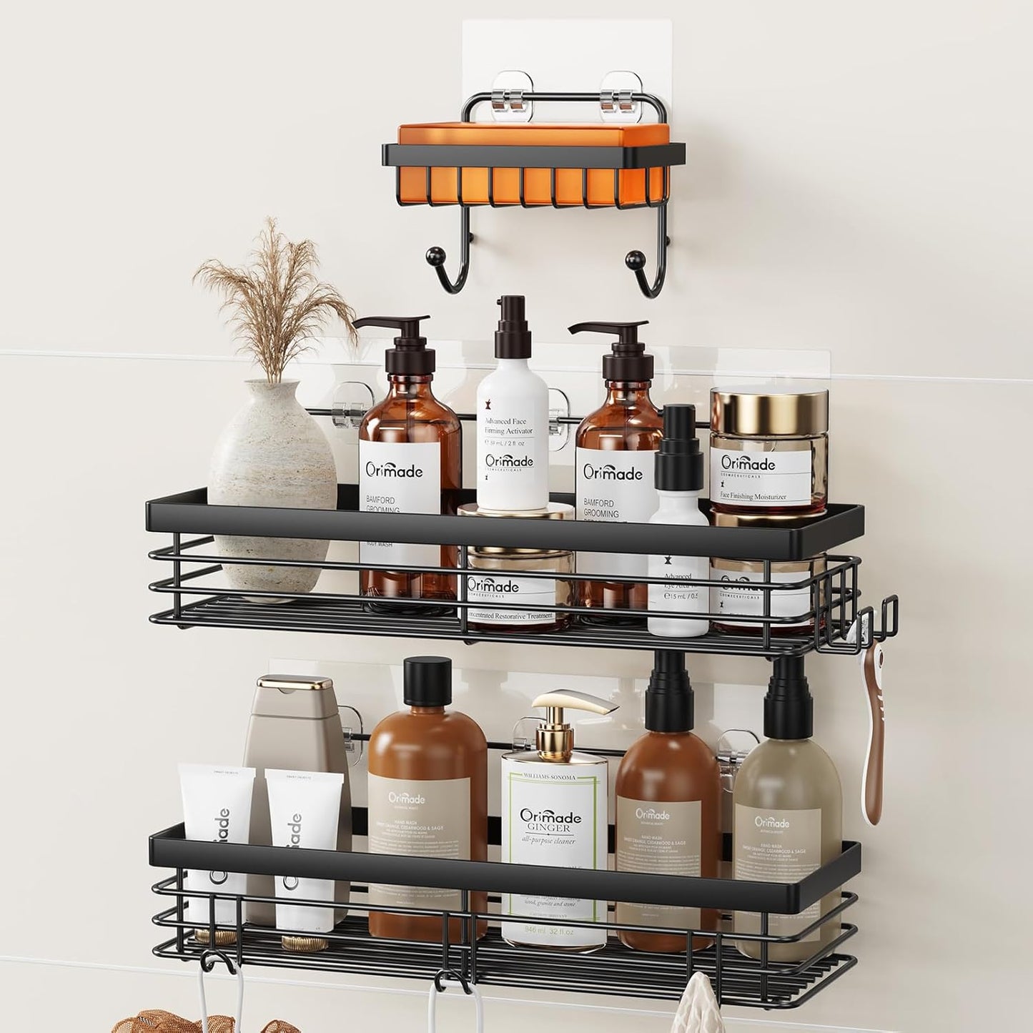 Orimade Adhesive Shower Caddy Soap Dish Holder Shelf with 5 Hooks Bathroom Organizer Basket Kitchen Storage Rack Wall Mounted No Drilling Stainless Steel - 3 Pack, Black
