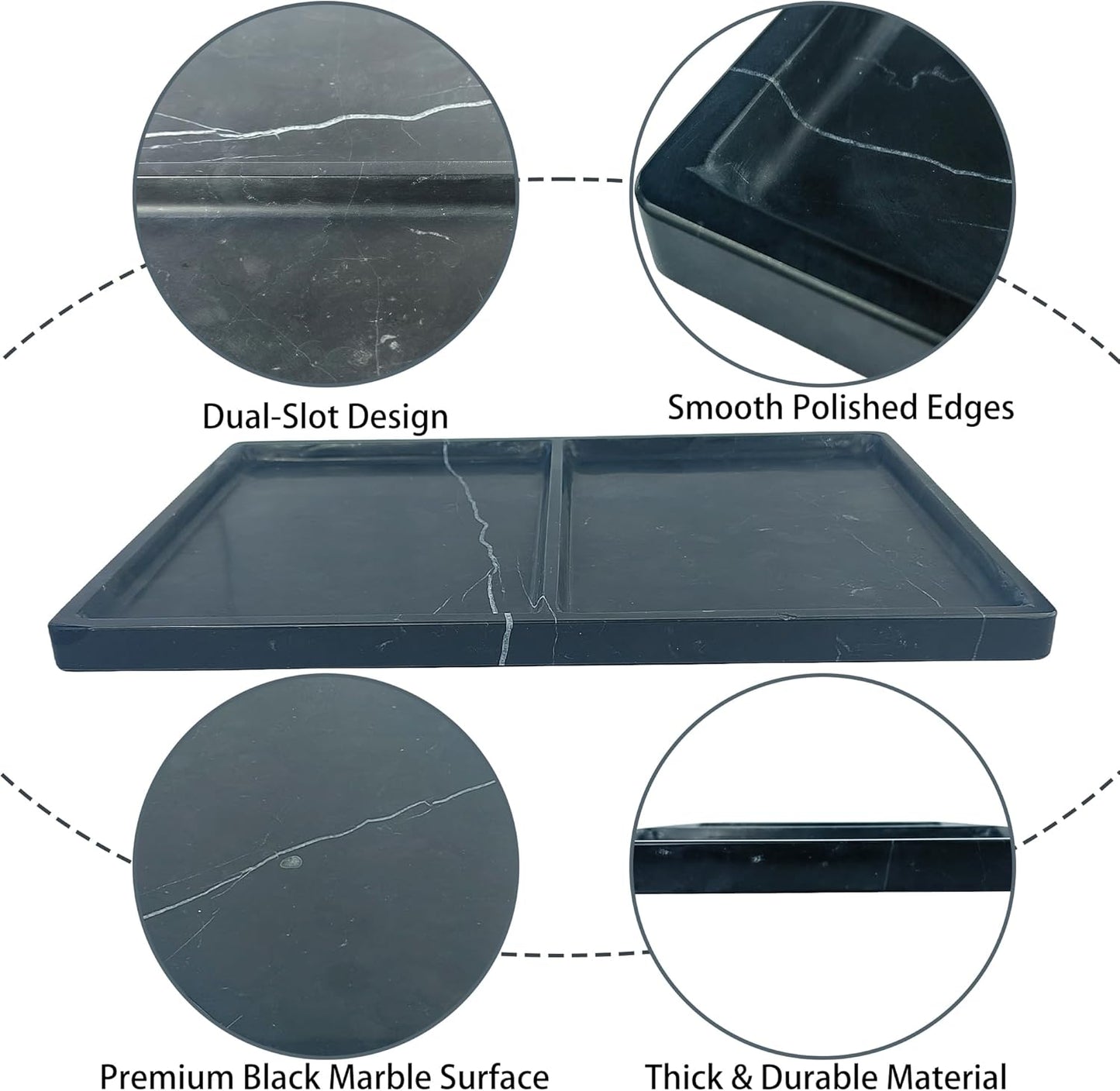 11.81"x7.87" Natural Marble Decorative Tray Countertop Organizer - 2 Compartments Polished Stone Storage Vanity Tray for Bathroom Kitchen Desk, Black White