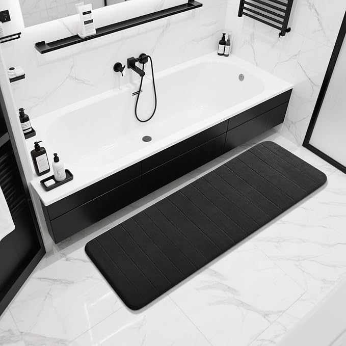 Yimobra Bathroom Runner 60"x24", Non Slip Memory Foam Bath Mat, Super Soft Water Absorbent Hallway Carpet, Machine Washable Rug for Vanity Tub Shower, Black