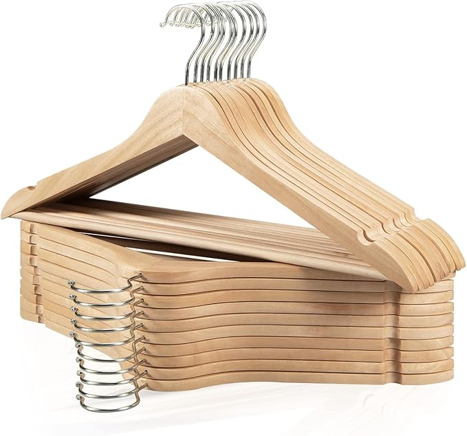 Wooden Hangers 20 Pack, Durable Wood Hangers with 360° Swivel Hook & Notches, Slim Coat Hanger Wooden for Closet, Natural