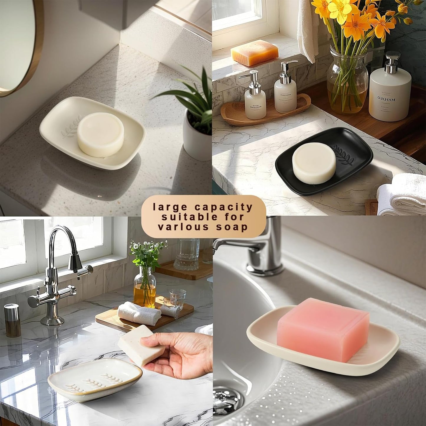 Ceramic Soap Dish for Bathroom, Bar Soap Holder with Elevated Ridges - Keeps Soap Dry, Premium Porcelain Dish, Elegant Modern Decor for Vanity Sink, Shower (Black)