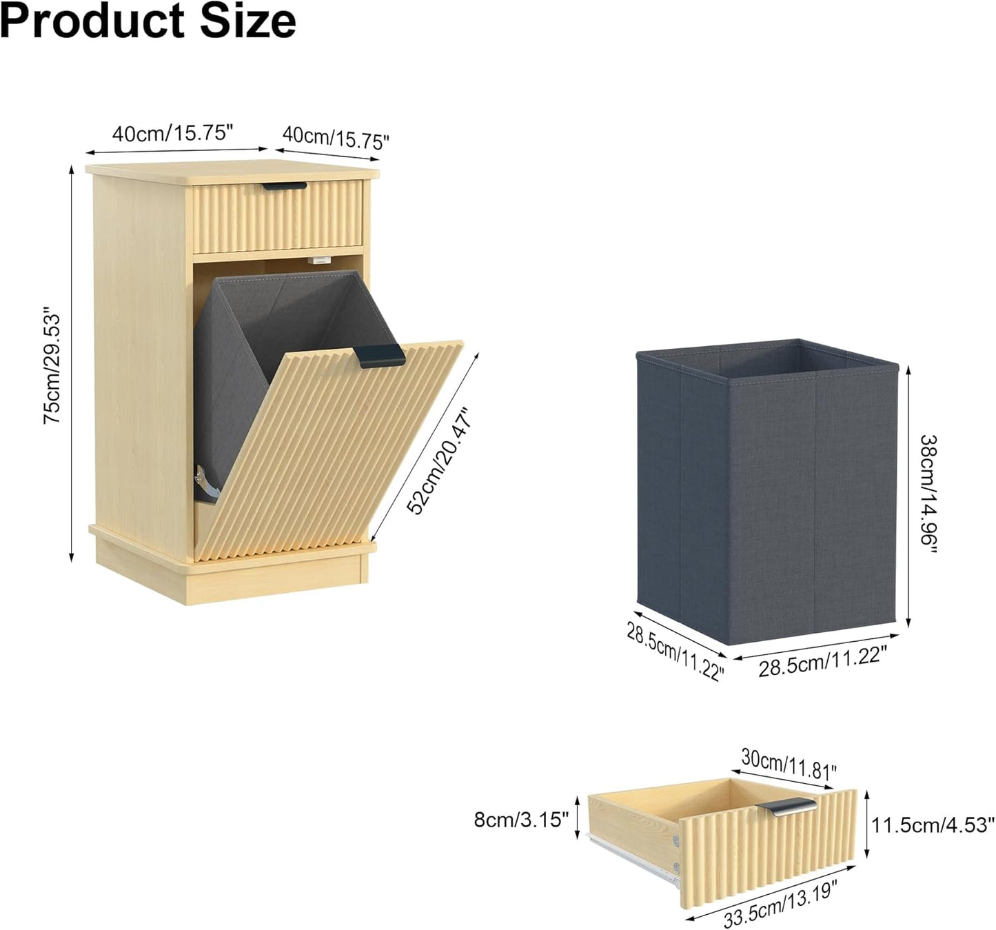 Natural Tilt Out Laundry Hamper Cabinet Hidden Laundry Hamper Cabinet with Drawers and Baskets for Bathroom Hamper with Storage for Kitchen Bedroom，16x16x30in