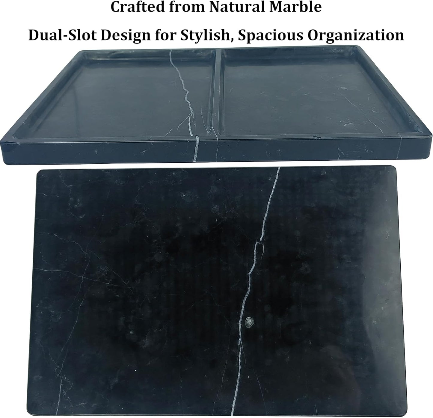 11.81"x7.87" Natural Marble Decorative Tray Countertop Organizer - 2 Compartments Polished Stone Storage Vanity Tray for Bathroom Kitchen Desk, Black White