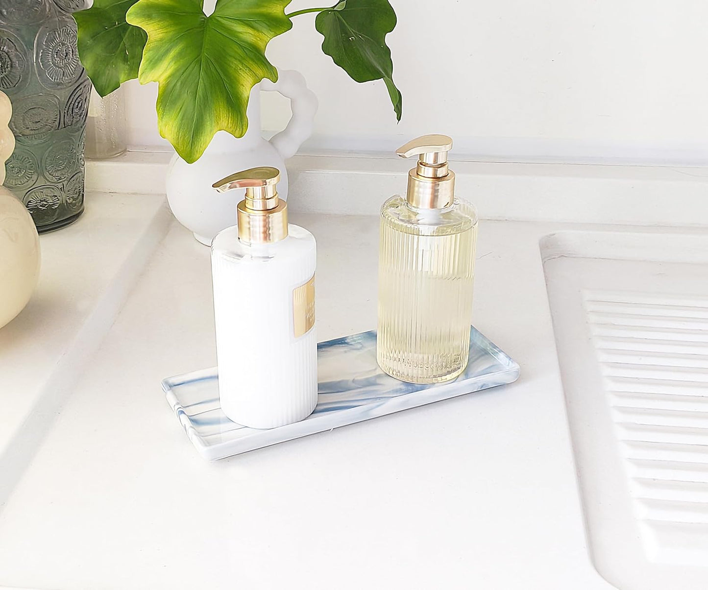 9.2" Porcelain Small Bathroom Tray, Ceramic Countertop and Vanity Tray for Cosmetics, Perfume, Jewelry, Candle - Soap Tray for Kitchen Counter (Blue)