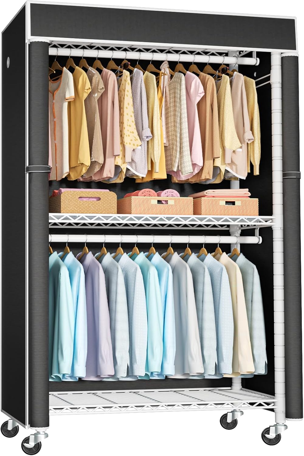 FUTASSI White Clothing Rack with Black Cover, P1C Rolling Closets with Wheels, Metal Garment Rack for Hanging Clothes, Clothing Storage Wardrobe, 36.2" W x 16.5" D x 80.5" H, Load 450 Pounds
