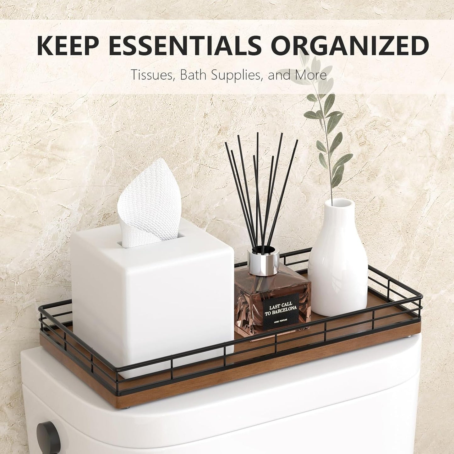 Toilet Paper Basket Organizer – Oak Wood Toilet Tank Tray with Metal Frame, Back of Tank or Top Bathroom Counter Storage – Black & Brown Modern Decor