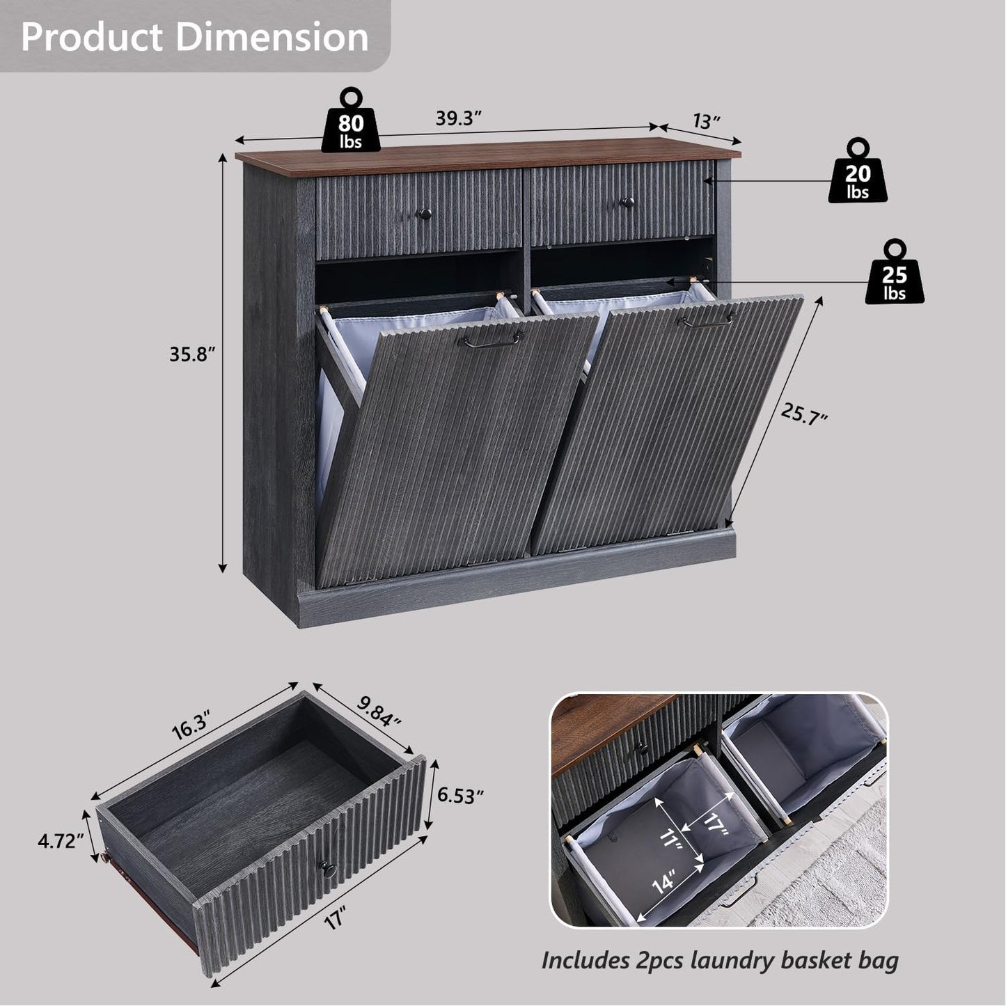 Modern Double Tilt-Out Laundry Hamper Cabinet, 20 Gallon Fluted Trash Can Cabinet w/2 Drawers, Wooden Hidden Garbage Can Cabinets w/Laundry Basket, Free Standing for Bathroom and Kitchen, Grey