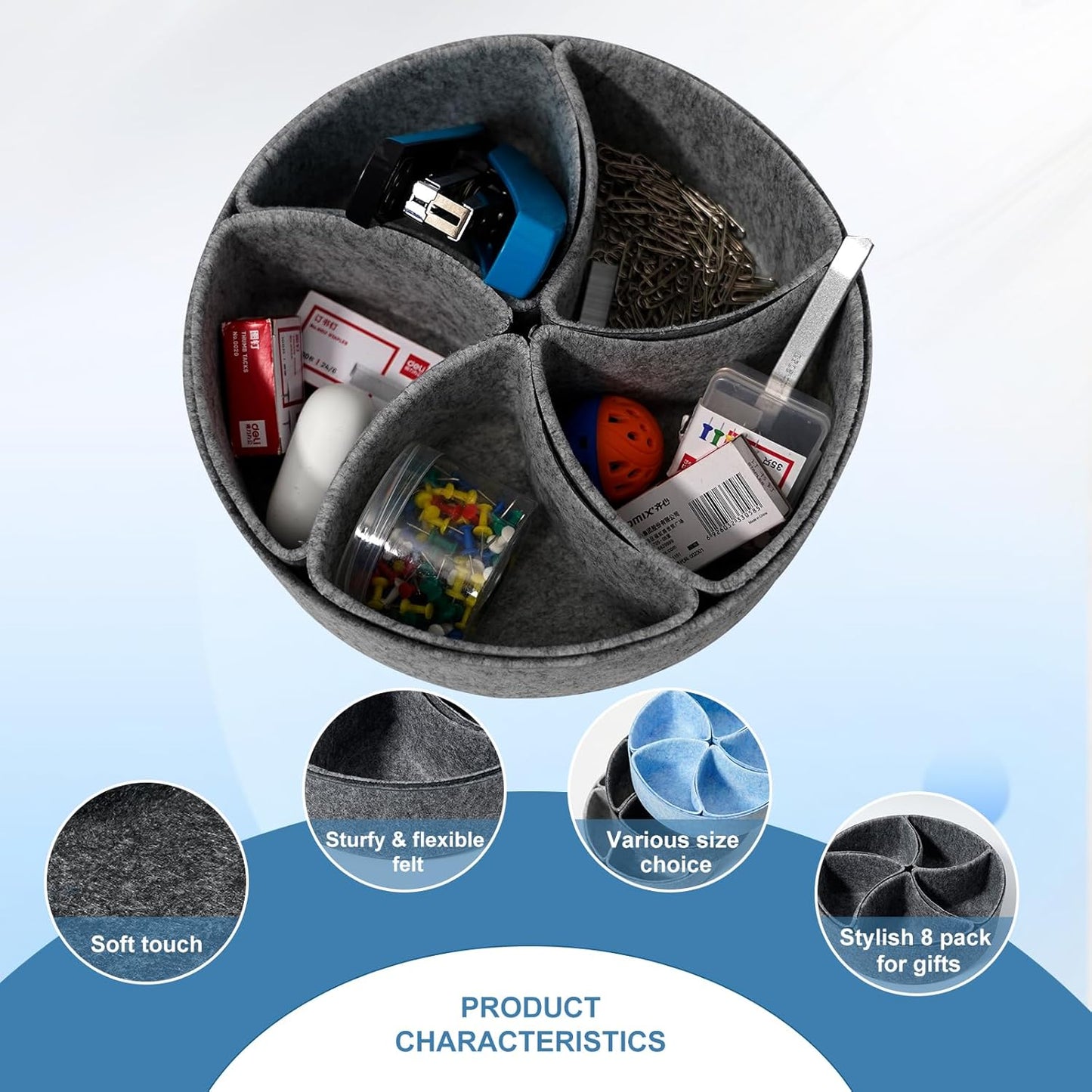 Felt Desk Drawer Organizer Tray,8 Pack Office Desk Drawer Dividers,Felt Drawer Round Storage Box For Saving Space,Makeup Drawer Organizer Bins.(Dark Gray)