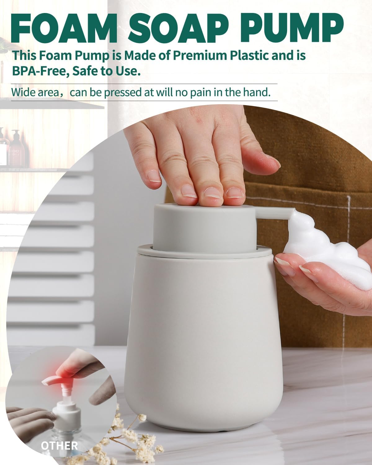 Bosilunlife Ceramic Foaming Soap Dispenser - 12oz Matte Grey Foam Hand Wash Dispenser Bathroom Countertop Soap Dispensers Kitchen Dish Soap Pump Dispenser Liquid Soap Dispenser for Bathroom