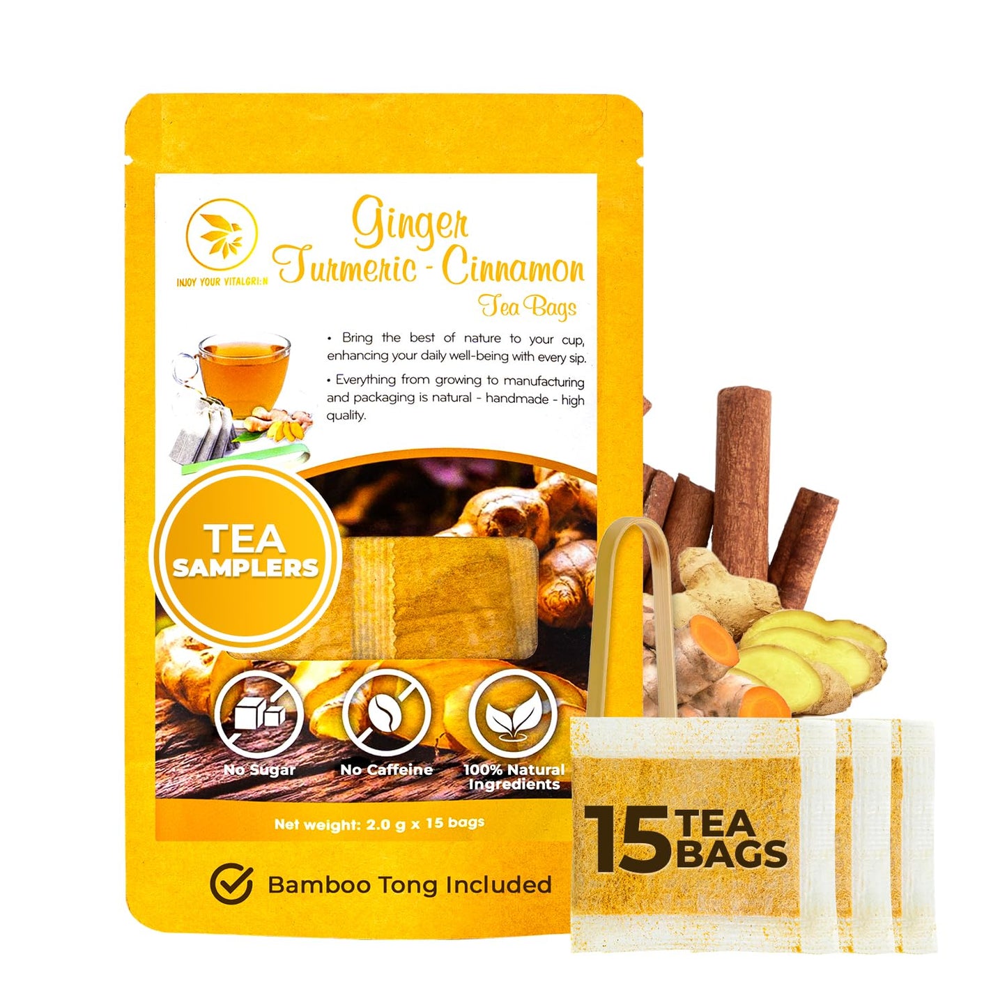 Ginger Cinnamon Turmeric Tea Samplers - 15 Count, Mini Tea Bags, Bamboo Tong Included, Re-Steep Corn Based Tea Bags, No Sugar Added, Natural Herbal Tea for Body Warm, Relax, Refreshing