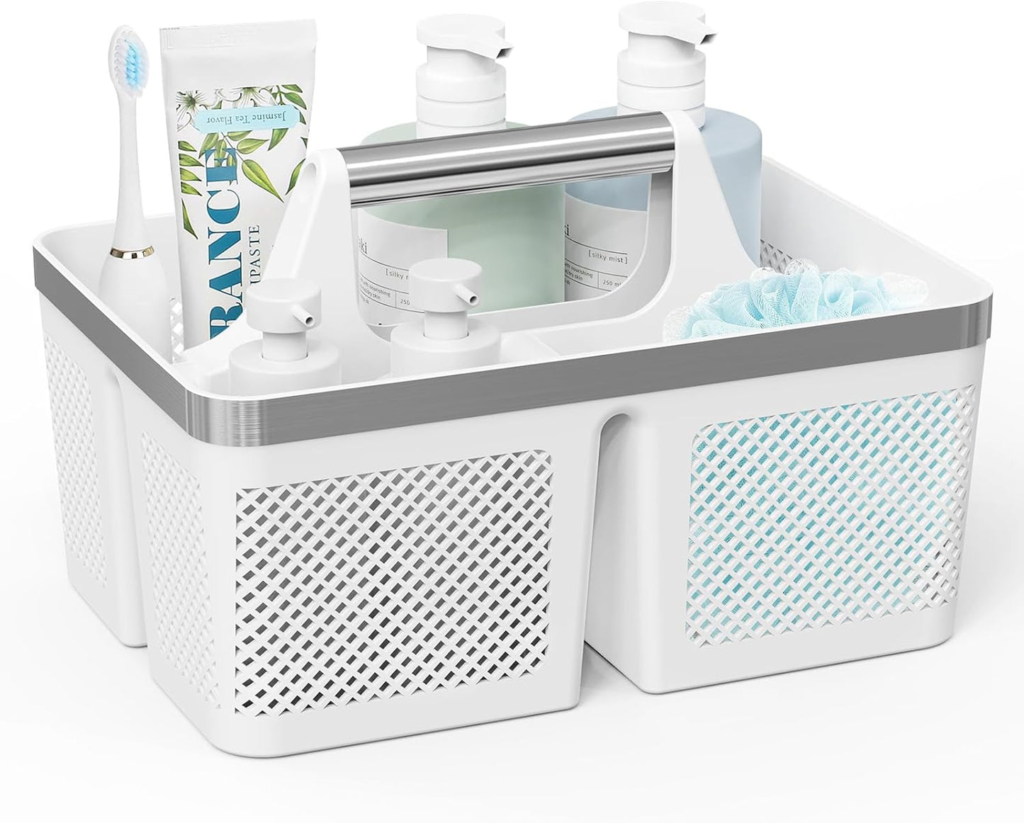 Plastic Shower Caddy Dorm: Portable Bathroom Caddy Organizer with Handle and Holes, Cleaning Basket, Hard Shower Basket Storage Tote for Toiletry, College Dorm Room Essentials White/Silver