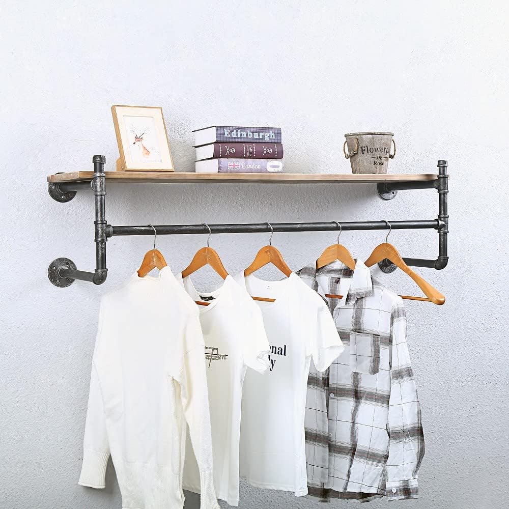 Industrial Pipe Clothing Rack Wall Mounted with Real Wood Shelf,Pipe Shelving Floating Shelves Wall Shelf,48in Retail Clothes Racks Display Rack