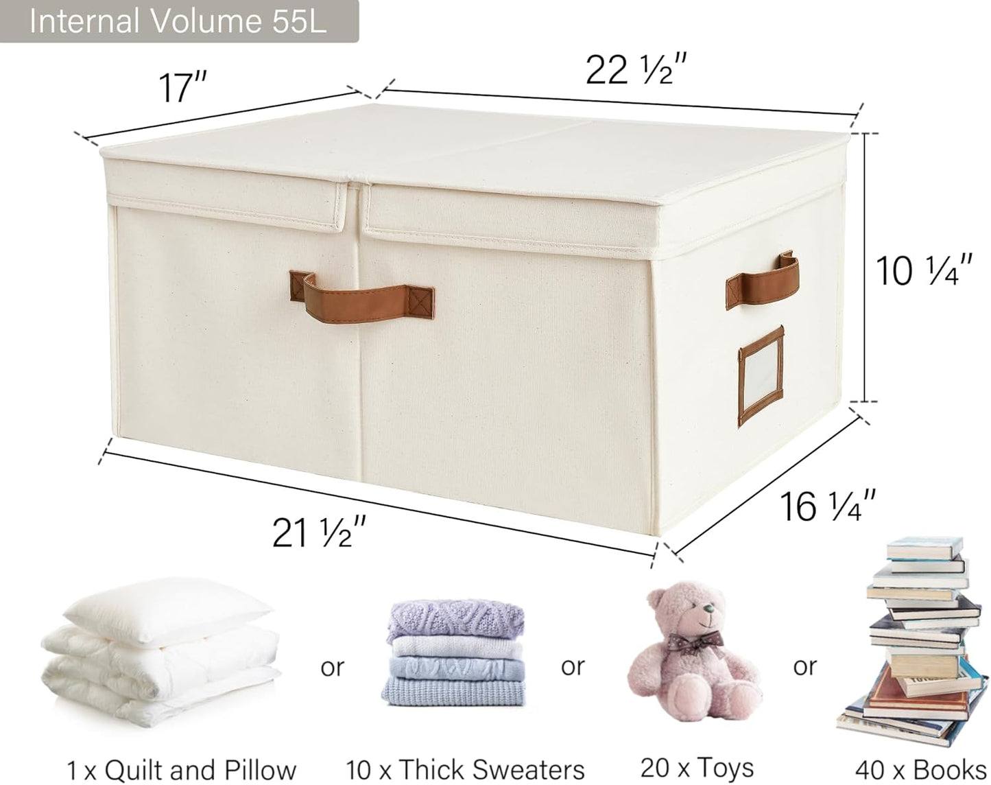 StorageWorks Extra Large Storage Bins with Double-Open Lid, 55L Fabric Baskets with Divider Board, Boxes for Clothes, Linen Closet Organizers with Handles, Ivory White, 2-Pack