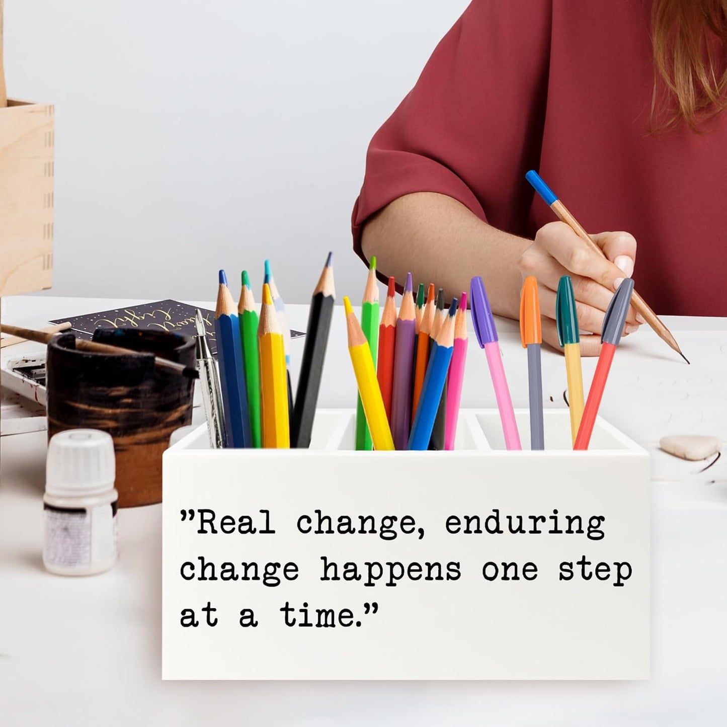 Inspirational Gifts Pen Pencil Holder Organizer for Desk, Inspirational Gifts for Women Men Wooden Box Signs Decorations for Home Office Desk Tabletop, Motivational Decor