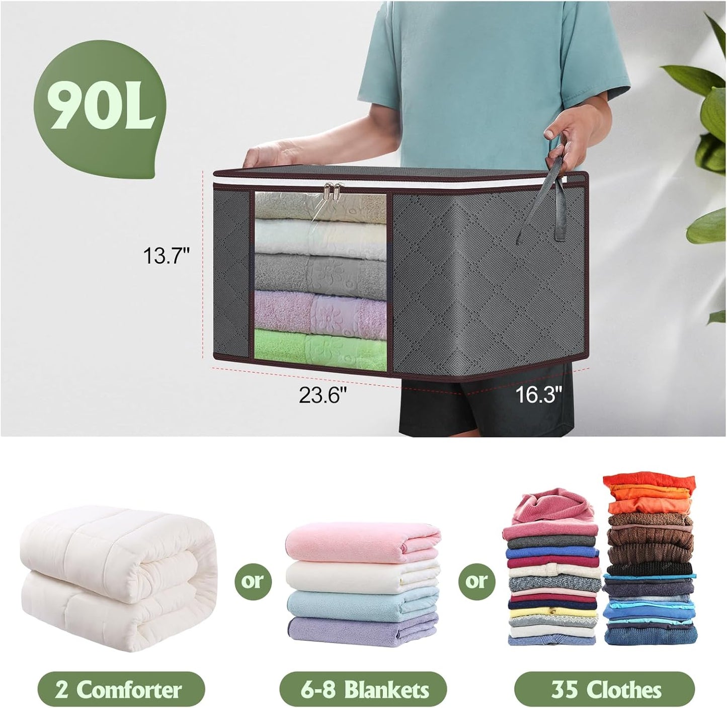 90L Large Storage Bags,6 Pack Foldable Clothes Storage Bins,Closet Organizers Storage Containers Durable Handle Thick Fabric For Bedding,Clothing, Blanket, Pillows and Toys,Grey