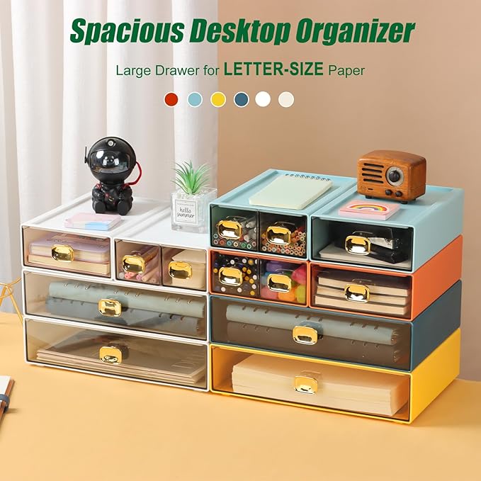 Spacious Desktop Storage Box, 2 Large Storage Drawers, Stackable Office Desk Drawer Organizer and Accessories, Printer Paper Organizer, Cream Plastic Drawers for Workspace