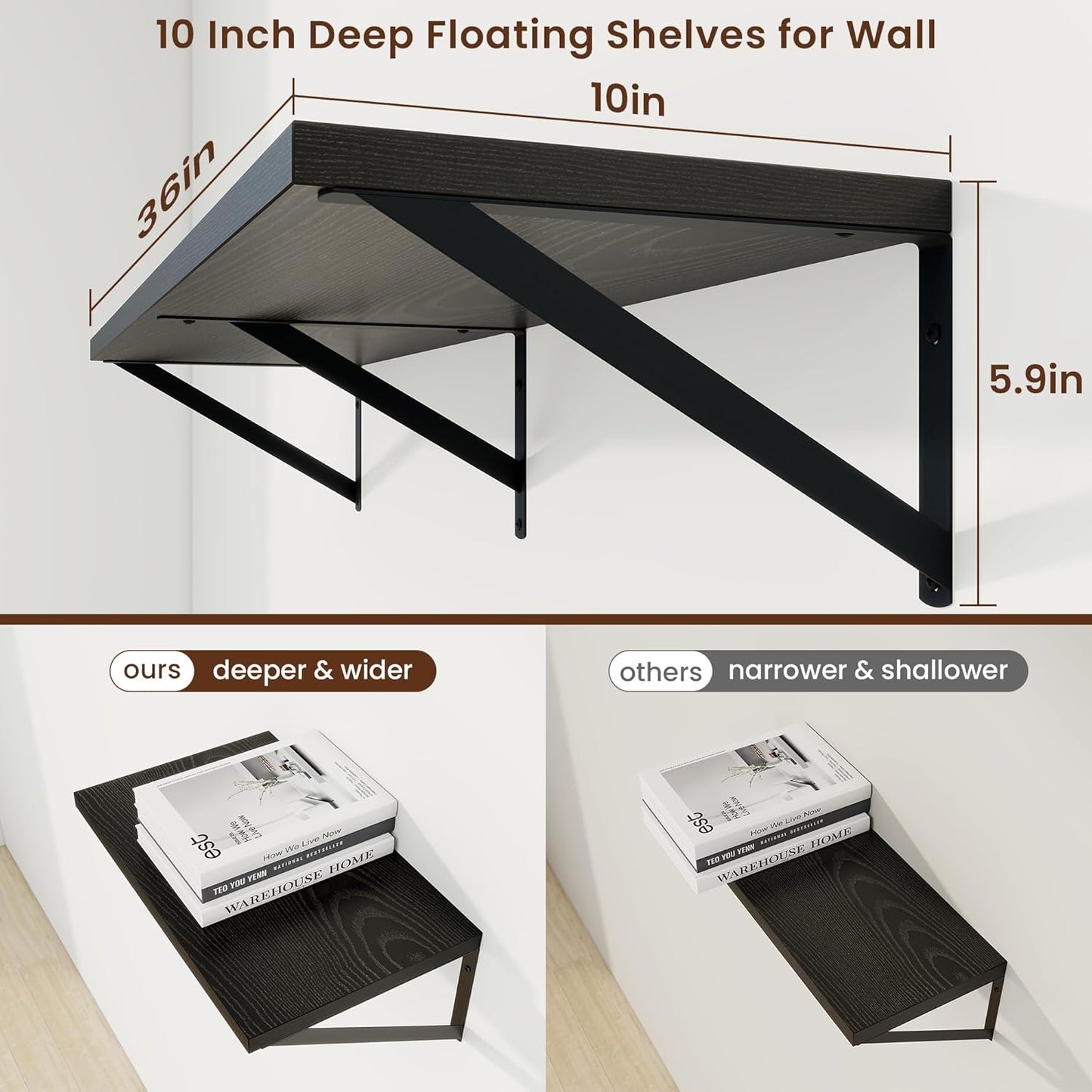 Axeman Black Floating Shelves for Wall - 36 Inch Wide x 10 Inch Deep Floating Shelves Set of 2 -Black Wide Wall Shelves for Living Room Bathroom Bedroom