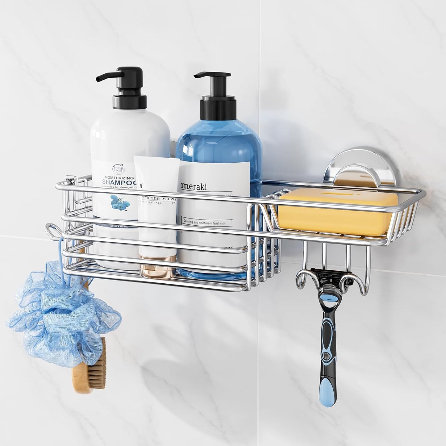 TAILI Shower Caddy Suction Cup with Hooks & Soap Holder, Heavy Duty Bathroom Shower Organizers, Removable Bathroom Shelves for Inside,Stainless Steel Holder Organizer-Silver