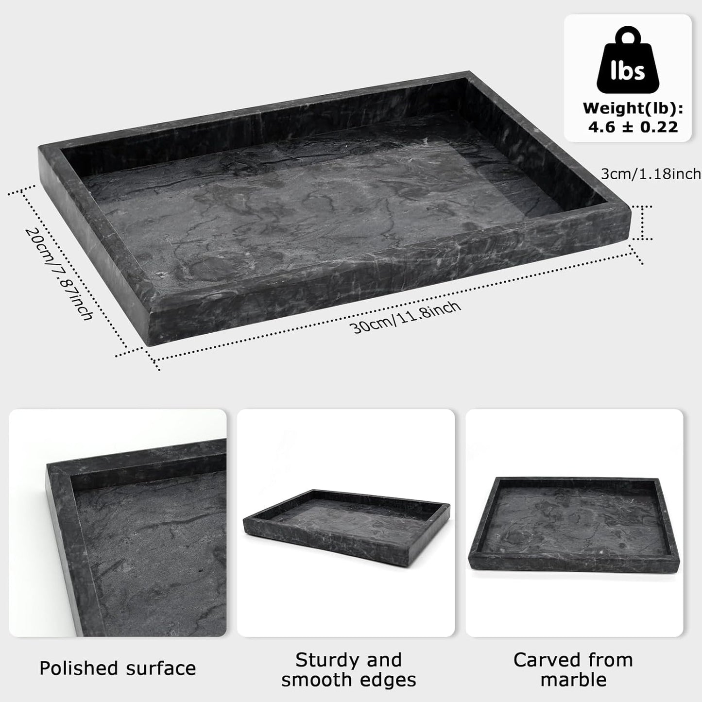 Marble Bathroom Tray,Pure Natural Vanity Tray,Marble Trays for Kitchen Counter Non-Ceramic/Non-Resin,Stone Tray 12 x 8 inch (Black) ﻿