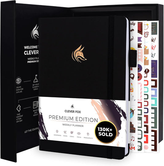 Clever Fox Planner Premium Edition – Undated Luxurious Weekly & Monthly Planner to Increase Productivity and Hit Your Goals – Organizer – Start Anytime, A5, Lasts 1 Year, Black (Weekly)