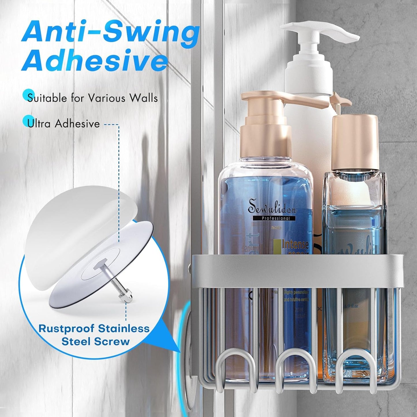 Aluminum Alloy Hanging Shower Caddy for Handheld Shower Heads,Rustproof Hose Shower Organizer 4 Levels Height Adjustable Shower Rack with Hooks,Razor Holder,Soap Holder