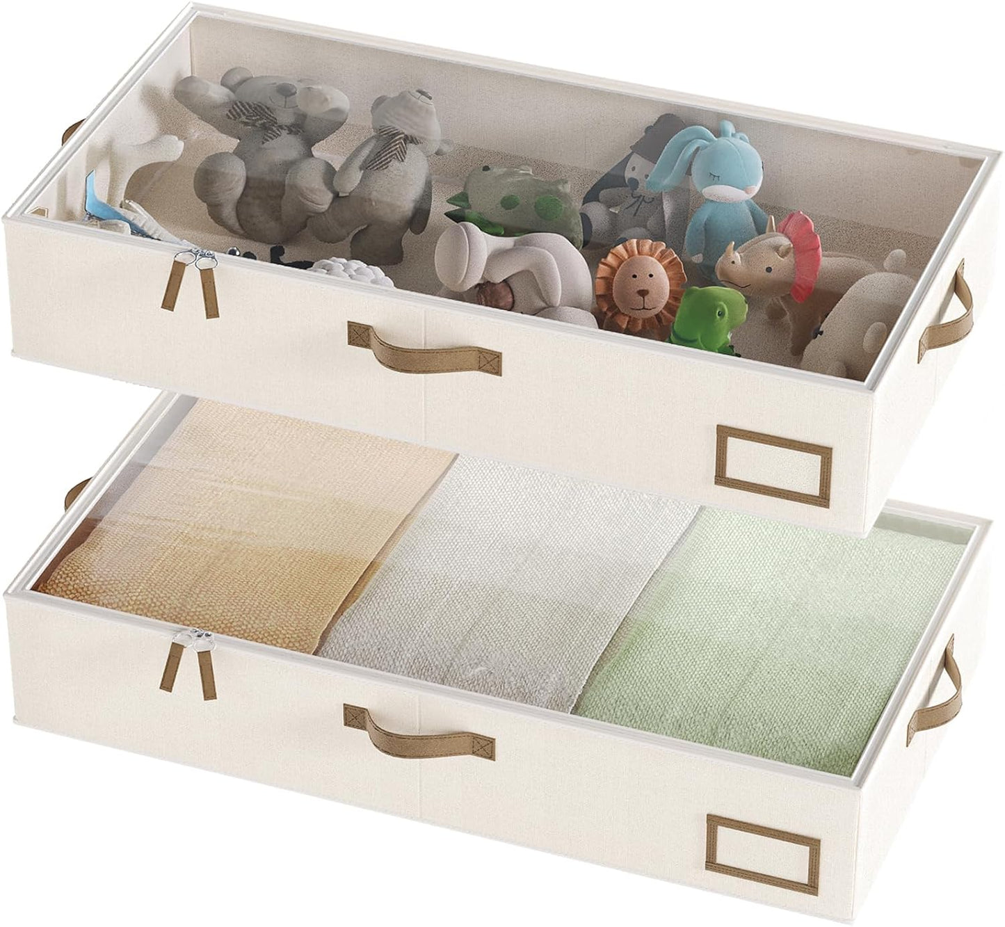 Under Bed Storage, Under Bed Storage Containers Bins for Clothes, Large Linen Underbed Closet Organization Bins, 2 Pack Collapsible Underbed Bin Dorm for Clothes, Sweater, Beige