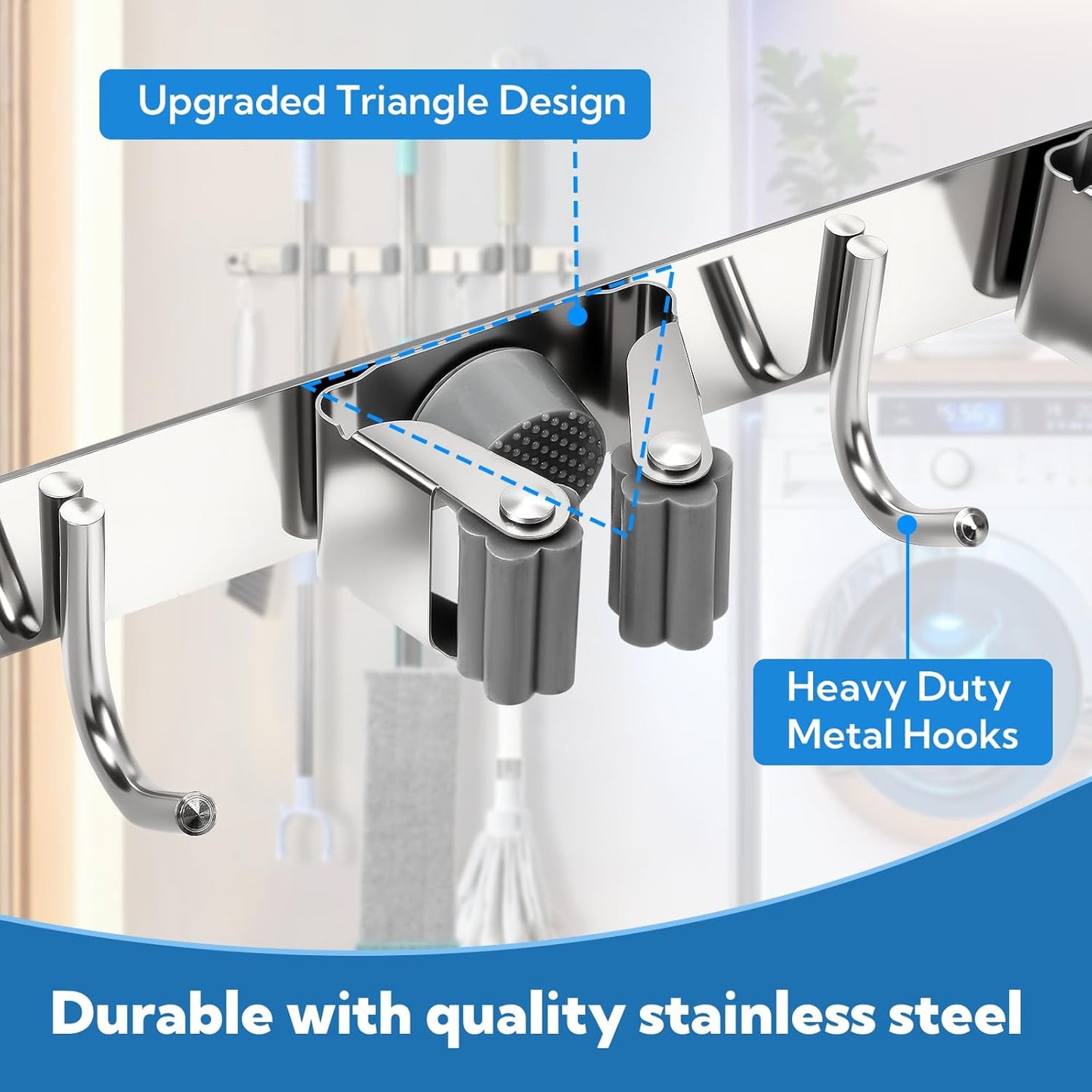 3 Pack Silver Mop and Broom Holder Wall Mount Self Adhesive 3 Racks with 4 Hooks Broom Organizer Wall Mount Stainless Steel Broom Hanger for Home Kitchen Garden Laundry Garage Organization Storage