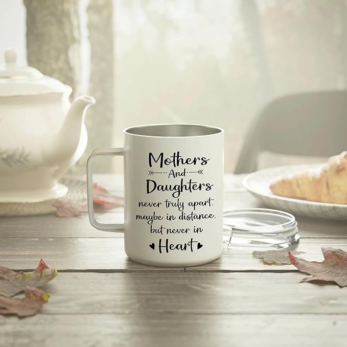 Hyturtle Mother Daughter Mug With Lid & Spoon Gifts on Christmas Birthday, 12oz Insulated Stainless Steel, Daughter Gifts from Mom, Mothers & Daughters, Long Distance Gift Ideas Coffee Tea White Cup