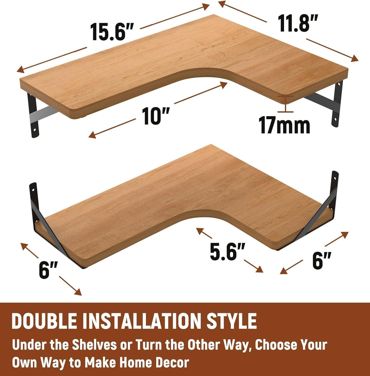 LEOPO Corner Floating Shelves Wall Mounted Set of 6, Corner Wall Shelves Rustic Wood Storage Display for Home Decor, Bedroom, Living Room, Kitchen, Office, Bathroom, Laundry Room, Reddish Brown