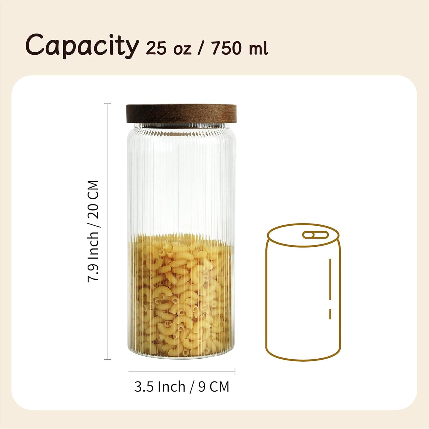 Ribbed Glass Storage Jars Set of 2 – Airtight Food Canisters with Wooden Lids, Stackable Kitchen Organizers for Coffee, Tea, Spices & Dry Goods (25.4oz)
