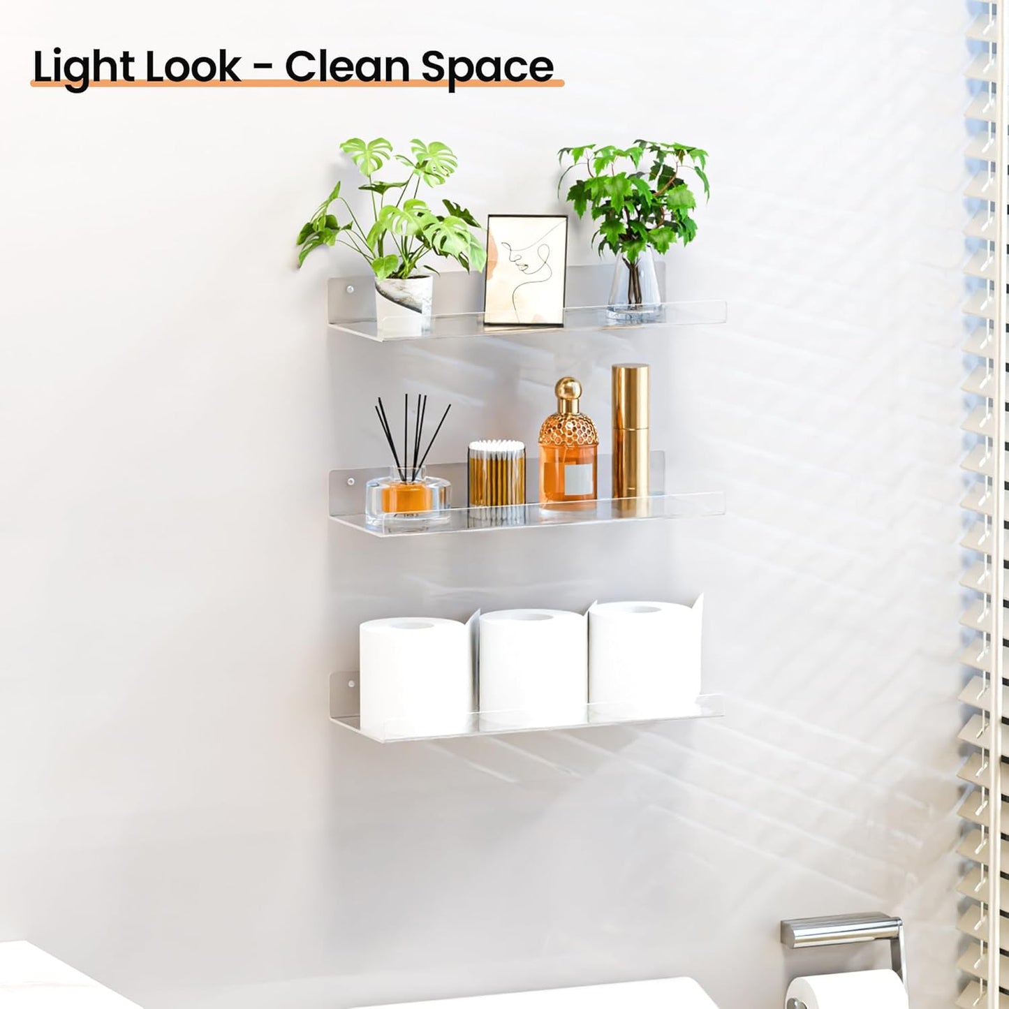 upsimples 4 Pack 15x6 Inches Acrylic Bathroom Shelves for Wall, Floating Bathroom Shelves Over Toilet, Storage Shelf for Toilet Paper, Towels and Toiletries, Clear