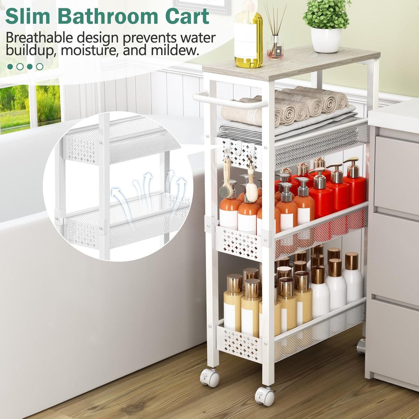 Utility Slim Storage Cart, 4 Tier Small Rolling Kitchen Laundry Room Cart with Wood Top, Metal Bathroom Storage Cabinet Mobile Shelf Unit Organizer Trolley with Handle for Narrow Space