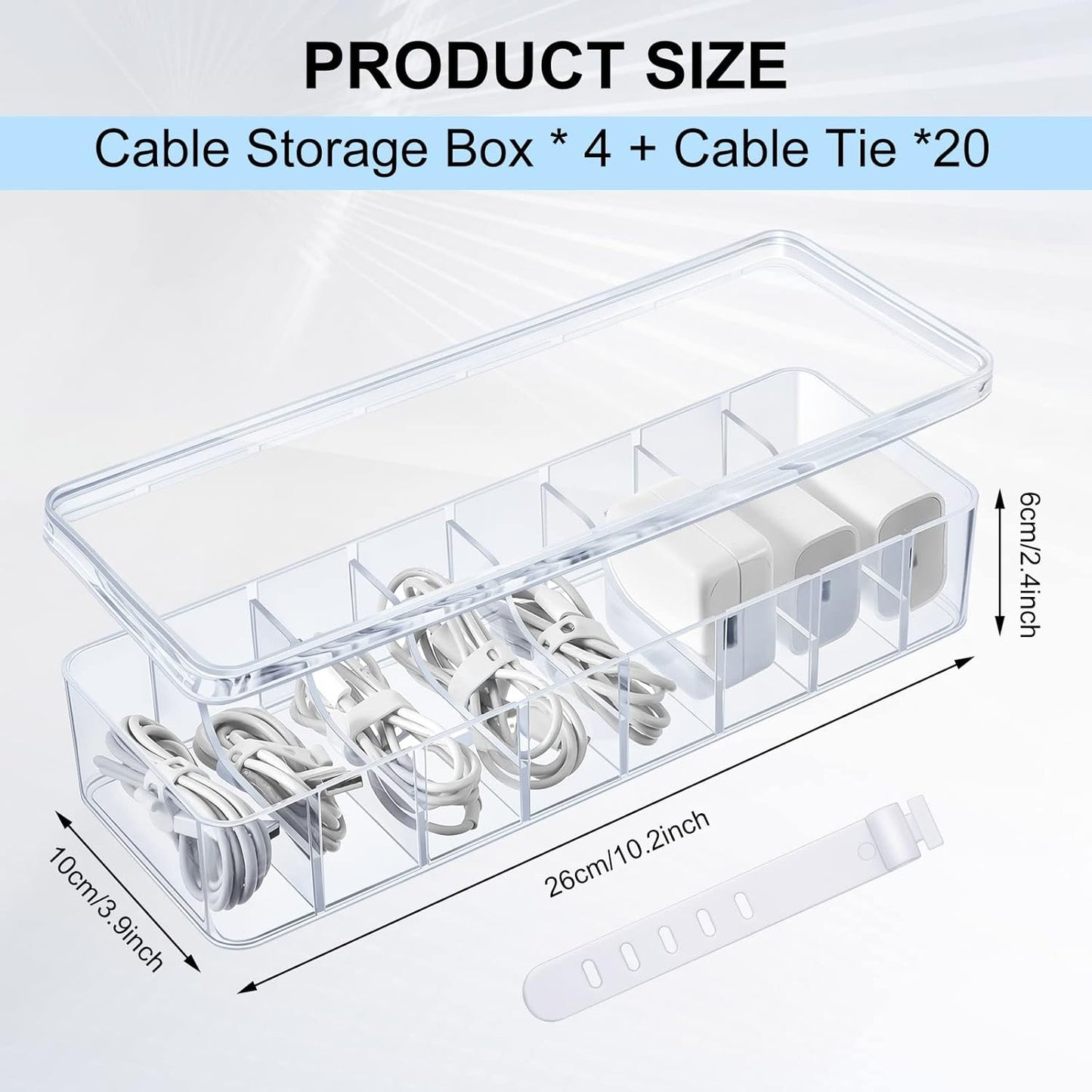 Tatuo 4 Pcs Cable Organizer Box with Wire Ties, Plastic Cord Storage Box with Lid, Electronics Organizer for Home Office Desk Organizers and Accessories (Clear)