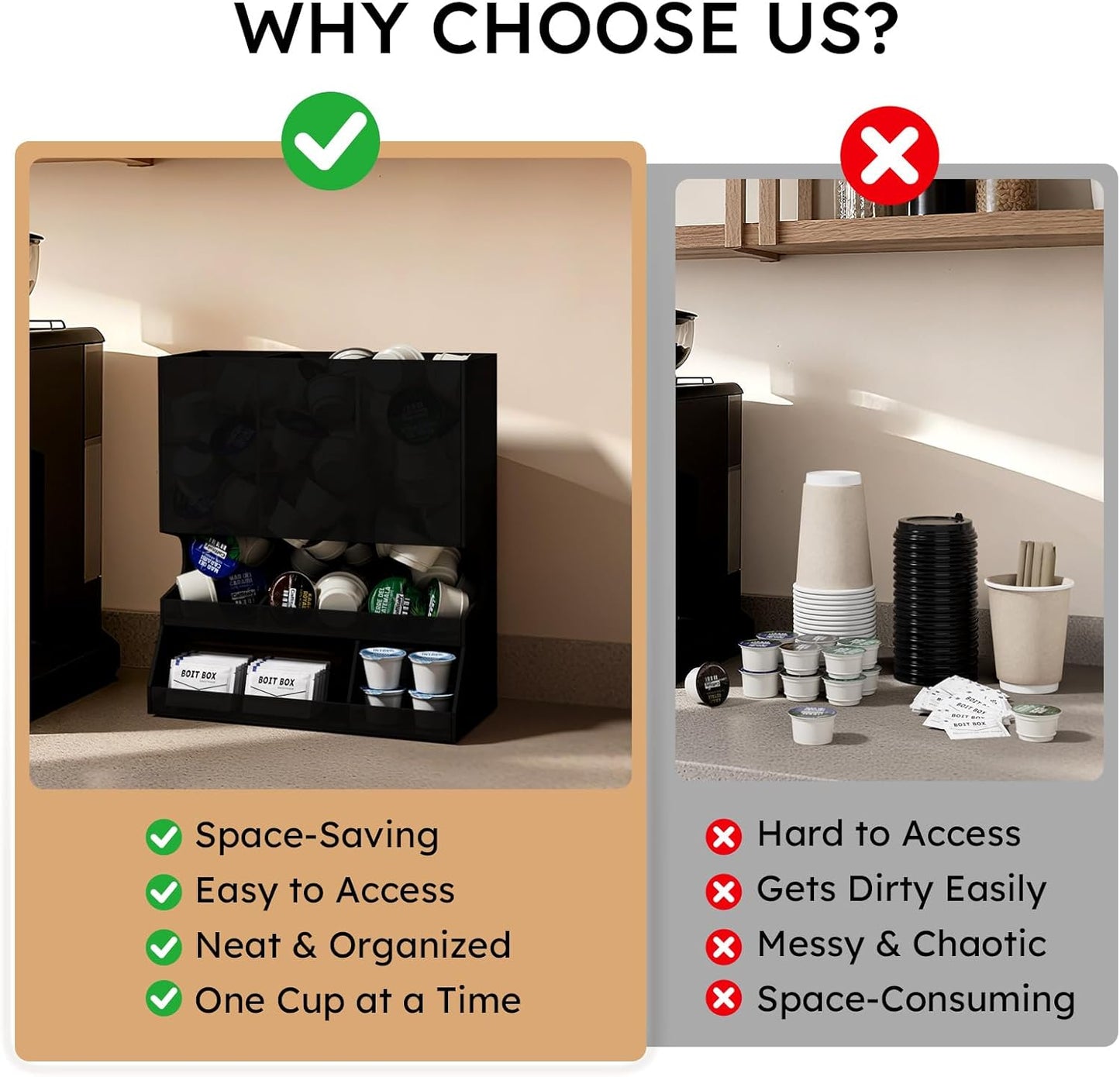 AITEE Modern Black Acrylic Coffee Pod Holder, 3-Compartment Dispenser Organizer for 30 K Cups, Sleek Smudge-Proof Design, Countertop Rack for Kitchen, Breakroom, Pantry, 8.9" L x 4.6" W x 10.2" H