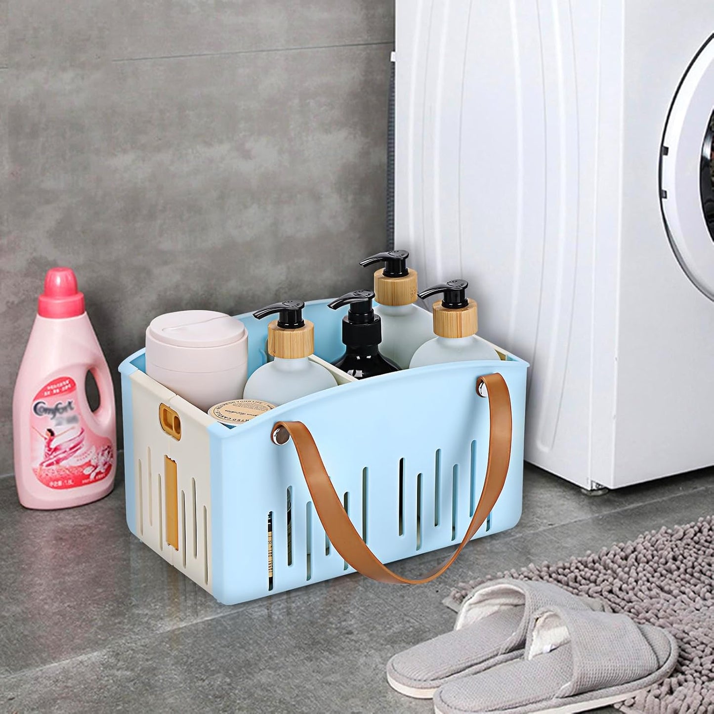 Portable Shower Caddy Collapsible Plastic Shower Basket Tote with Handles Removable Divider, Cleaning Caddy Storage Organizer for Bathroom College Dorm (Blue)