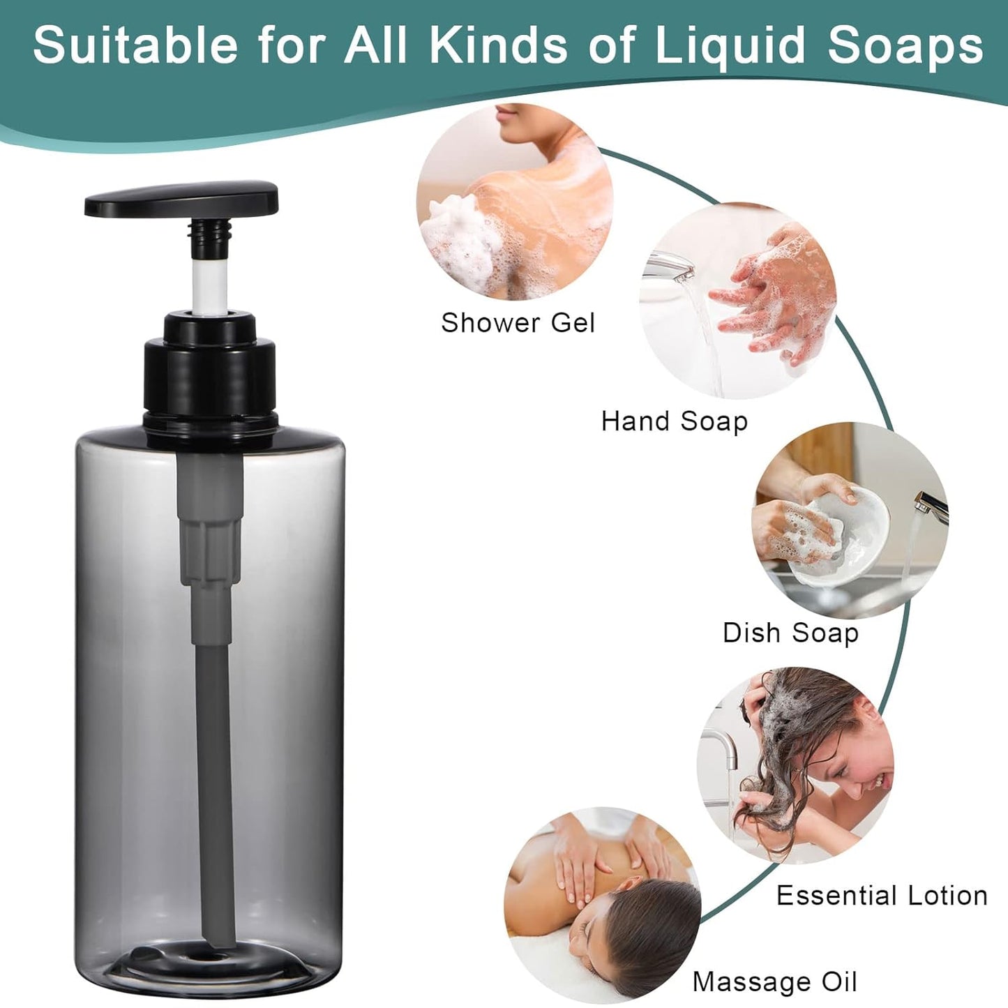 Shampoo Bottles with Pump, Yebeauty 2 Pack Empty Refillable Shower Bottle 17oz 500ml Squeeze Lotion Dispenser for Bathroom,Shampoo Soap, Conditioner Body Wash Liquidl,Clear Grey