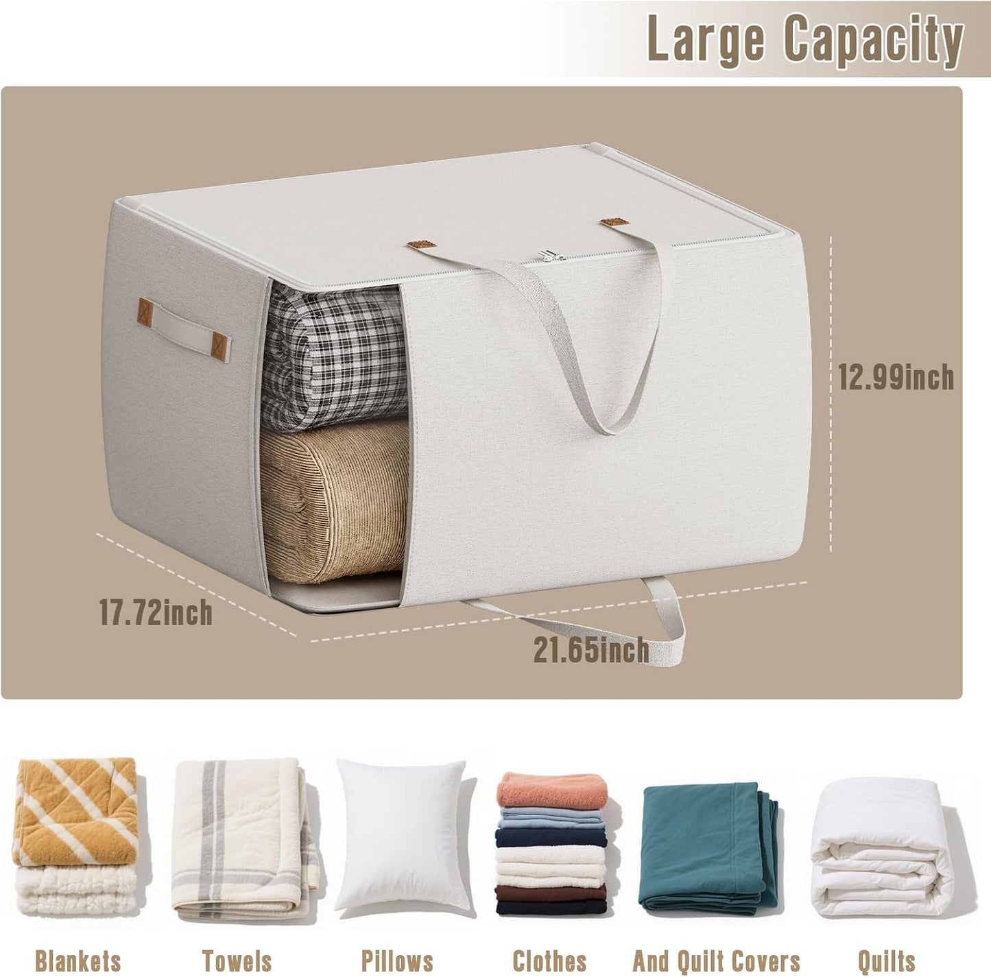 Heavy Duty Cotton Canvas Storage Bags For Comforter Blankets Clothes Extra Large Foldable Organizer with Clear Window & Reinforced Handles, Dustproof Design (White, 80L-2Pack)