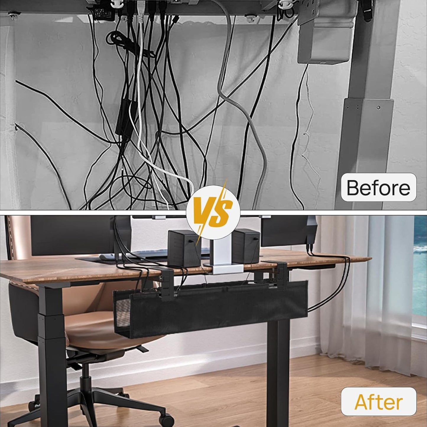 No Drill Under Desk Cable Management Tray, 27.56in Cord Management with Ventilated Mesh, Clamp/Screw Mount Cord Organizer, Fabric Standing Desk Cable Management for Office, Home