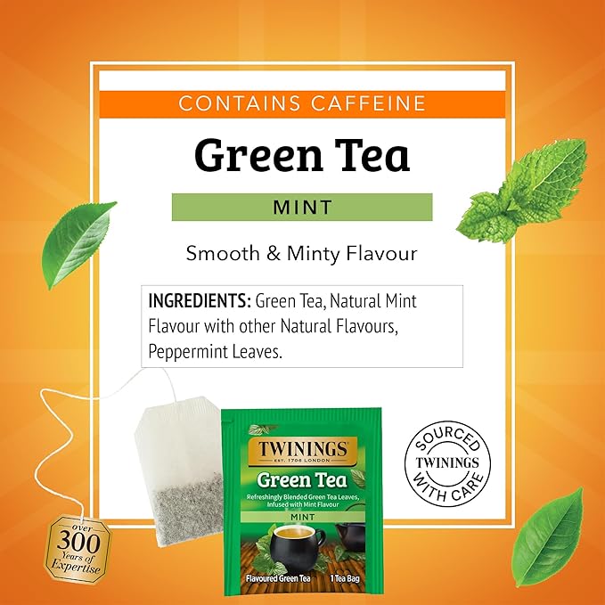 Twinings Green Tea with Mint Individually Wrapped Bags, 20 Count (Pack of 6), Invigorating Aroma, Caffeinated, Enjoy Hot or Iced, 120 Teabags