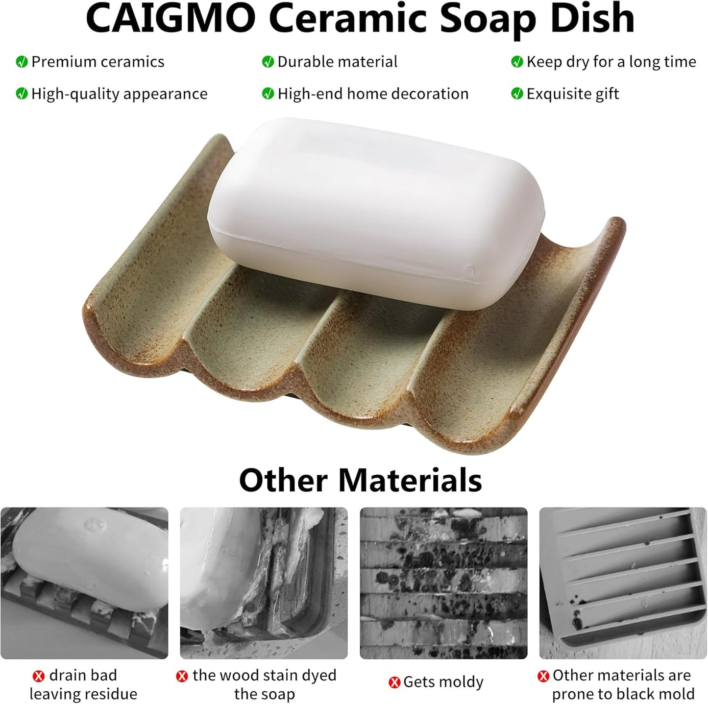 Ceramic Soap Dish, Draining Bar Soap Holder Tray, Soap Saver for Shower, Bathroom, Sink, Kitchen and Countertop, Decorative Square Soap Dish, Green 1 Pcs