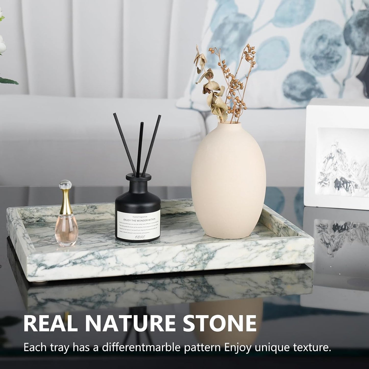 Real Natural Marble Tray for Bathroom, Vanity, Kitchen and Desktop, Rectangle Genuine Marble Stone Tray for Jewelry, Cosmetics, Candles, Lotion, Perfume and Home Decor Cyan Green