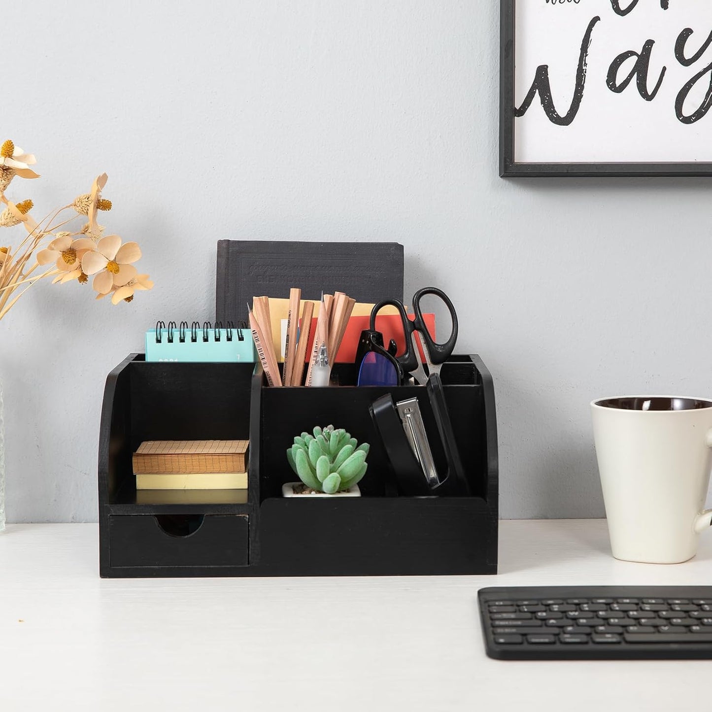 Office Desk Drawer Supply Organizer and Accessories, Wood Desk Organizer with 6 Compartments & 1 Drawer Binders Folder Papers Holder Pen Holder Office Desktop File Organizer (black)