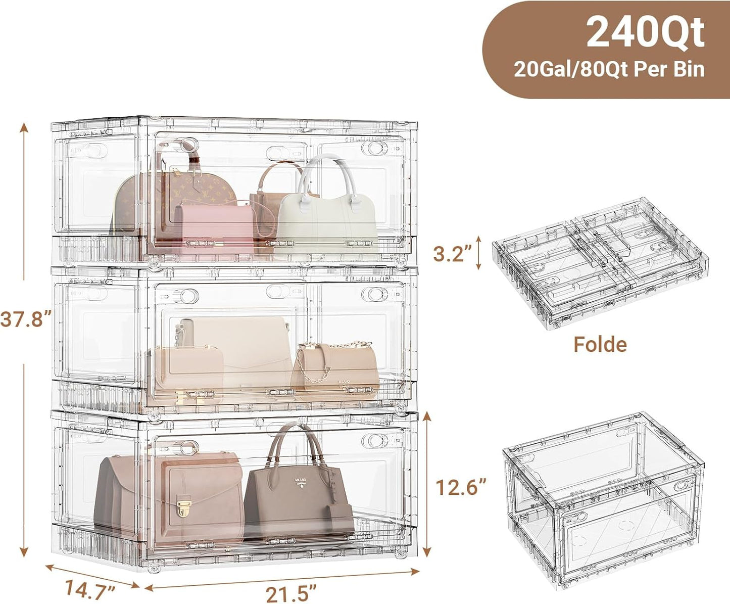 BROVIEW 240Qt Clear Stackable Storage Bins with Lids and Wheels, Shiny Plastic Storage Bins, Foldable PET Drawer Closet Organizers and Storage Cabinets Display Box for Home Craft Makeup, 3 Pack