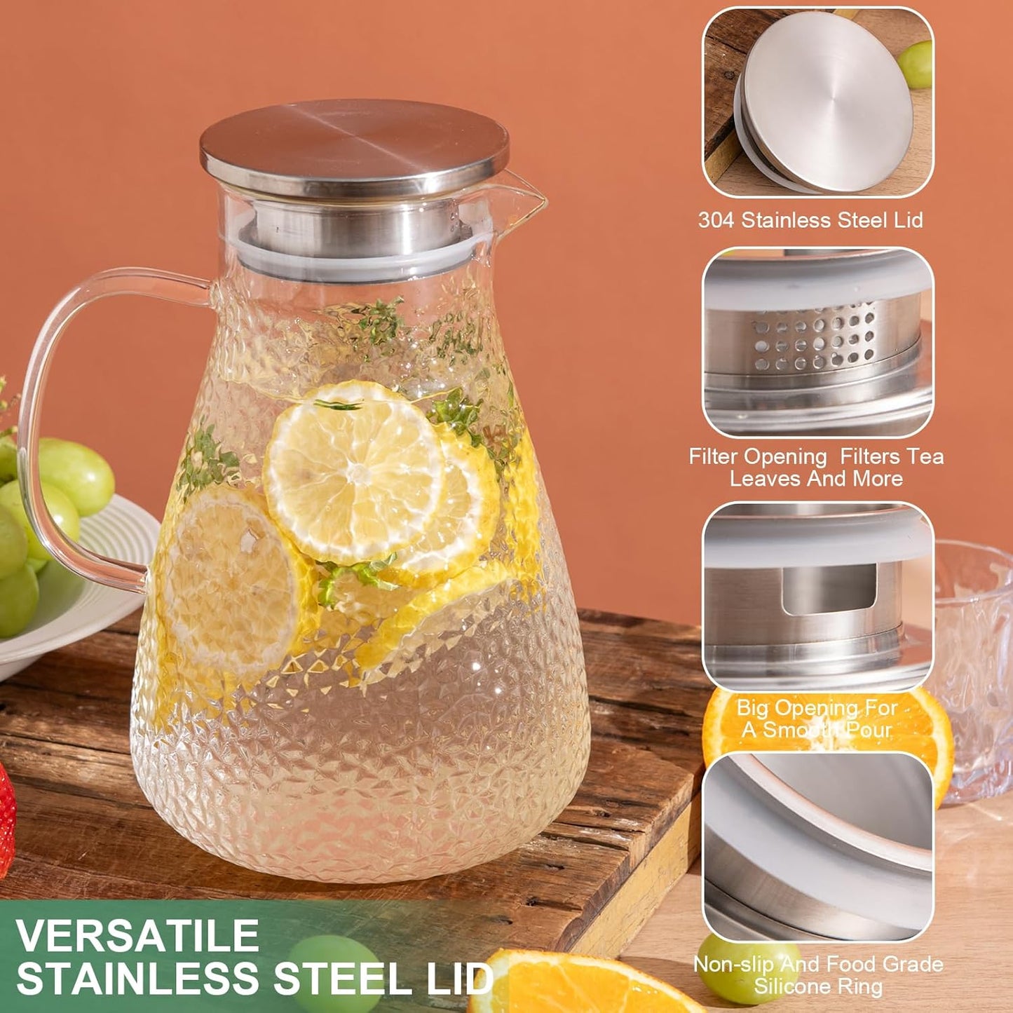 1.5 Liter 50 oz Glass Pitcher with Lid and Spout, Glass Carafe for Hot/Cold Water, Large Iced Tea Pitcher for Coffee, Milk,Juice and Homemade Beverage,Iced Coffee, and Container for Drinks