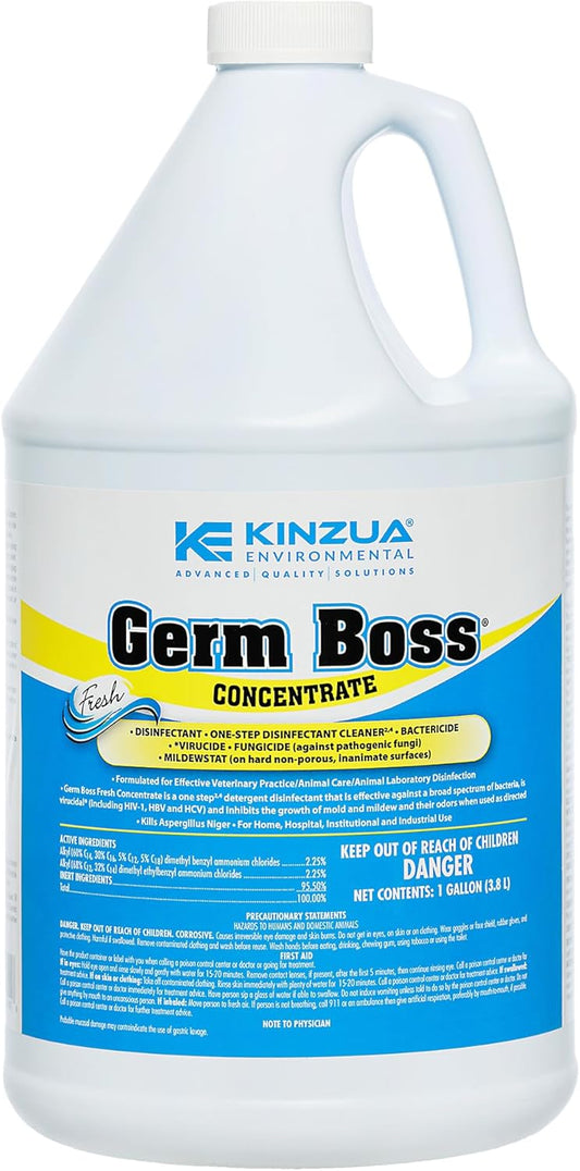 KINZUA ENVIRONMENTAL Germ Boss, Multipurpose Disinfectant Cleaner & Deodorizer, Disinfectant Liquid Concentrate with Fresh Scent for Homes, Kennels, Institutional & Industrial Strength, 1 Gal